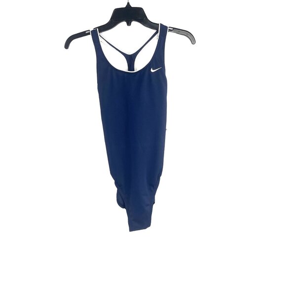 Nike Womens Racerback Swimsuit One-Piece Size Medium Navy Blue With White Trim - Picture 3 of 10